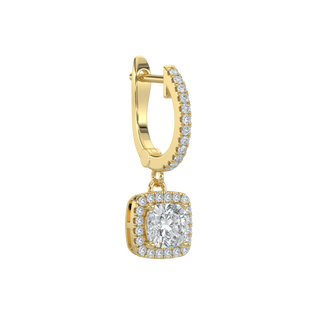 Cushion Halo Solitaire Dangle Earrings-Yellow Gold