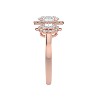 Three Stone Halo Solitaire Ring-Rose Gold