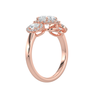 Three Stone Halo Solitaire Ring-Rose Gold