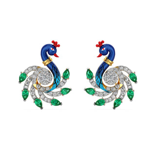 Emerald Crested Peacock Earrings-Yellow Gold