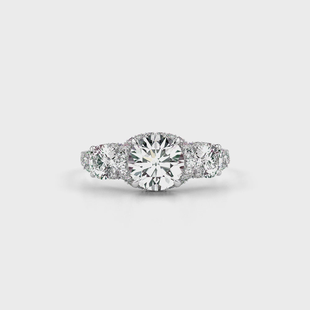 Three Stone Pave Set LGD Solitaire Ring-White Gold