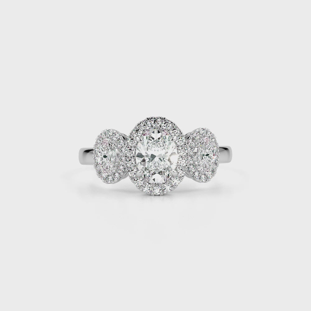 Three Stone Halo LGD Solitaire Ring-White Gold