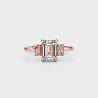 Three Stone Emerald LGD Solitaire Ring-Rose Gold